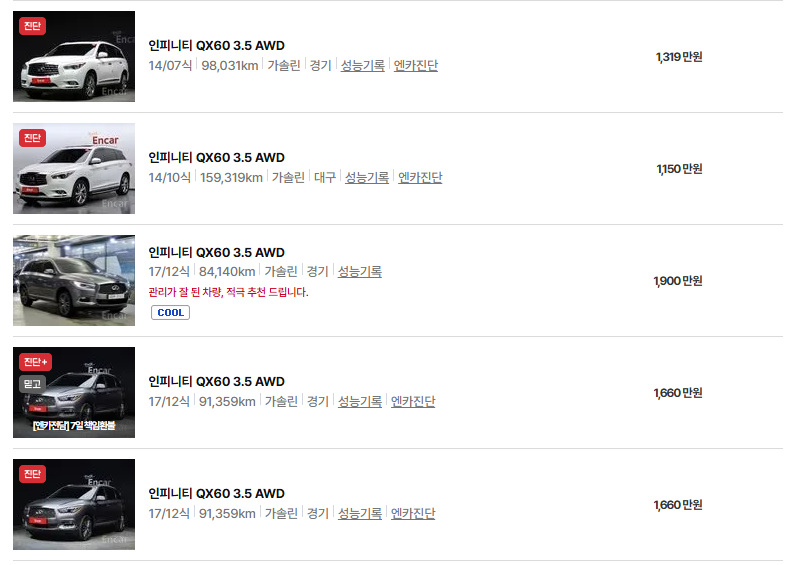 인피니티 QX60 중고차 가격 시세표 연비