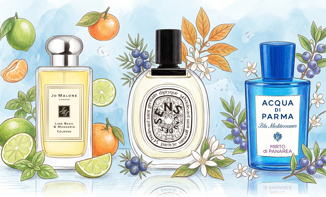 블링블링 집콕이가 색연필로 그린 여름 추천 시트러스 향수 BEST 3: 아쿠아 디 파르마, 조말론, 딥티크 오데썽 일러스트