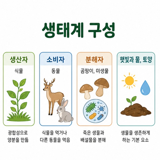 생태계가 생산자와 소비자, 분해자 같은 생물적 요소와 햇빛과 물, 토양 같은 비생물적 요소로 구성된다는 이미지
