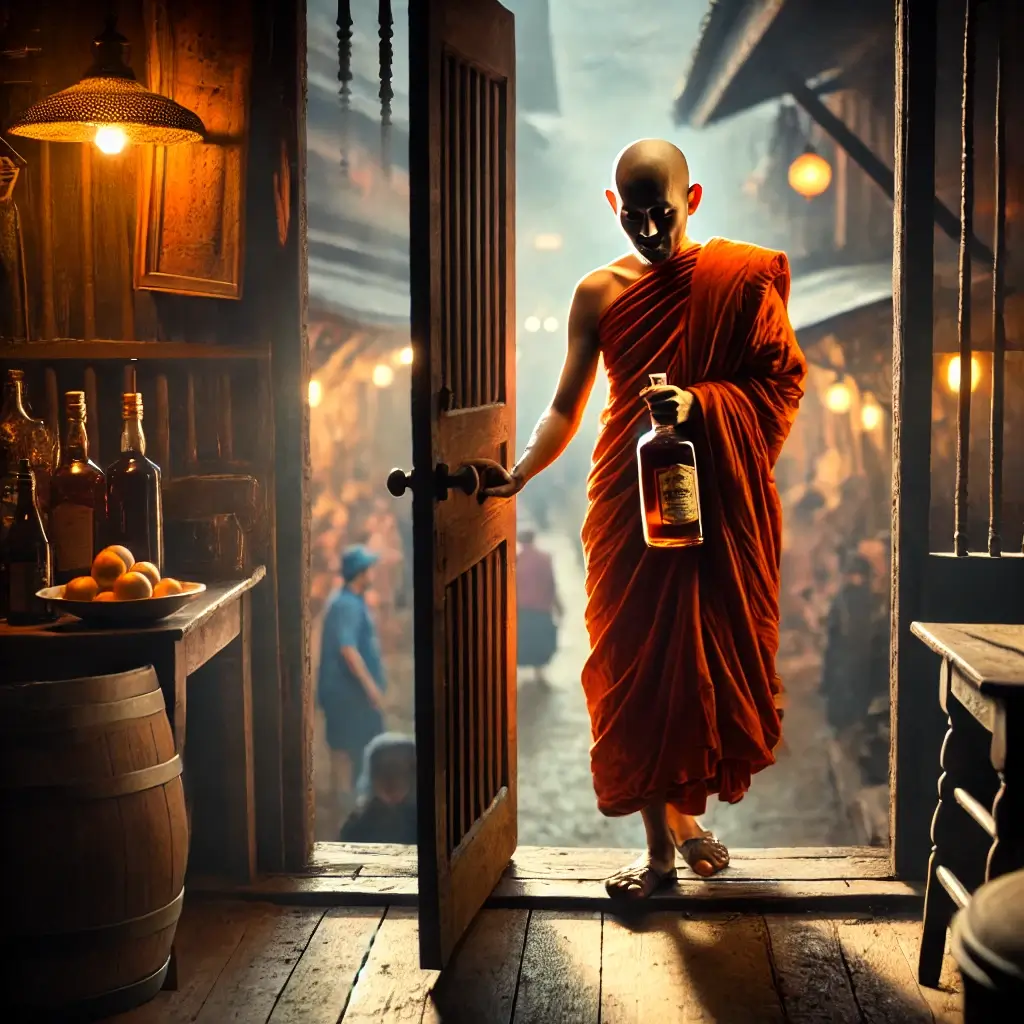 깨달음을 얻은 스님이 술병을 들고 문을 나서다