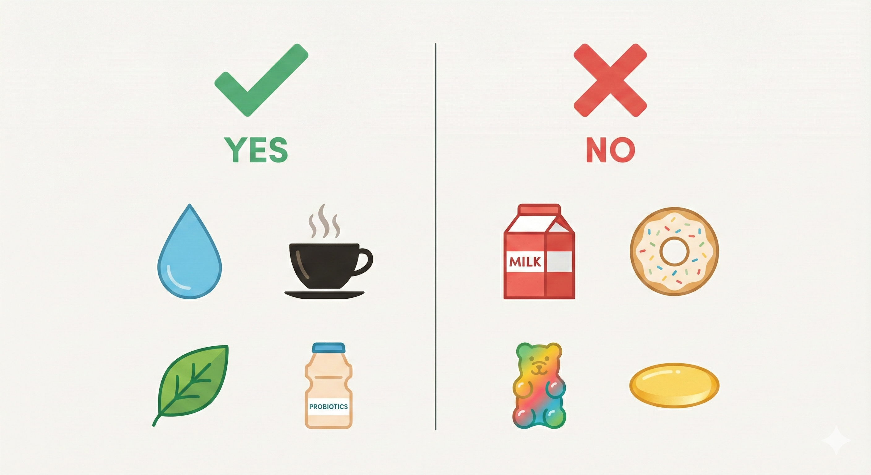 간헐적 단식 공복 허용 및 금지 음식 인포그래픽: YES(물, 커피, 차, 유산균) vs NO(우유, 도넛, 젤리, 오일 캡슐)