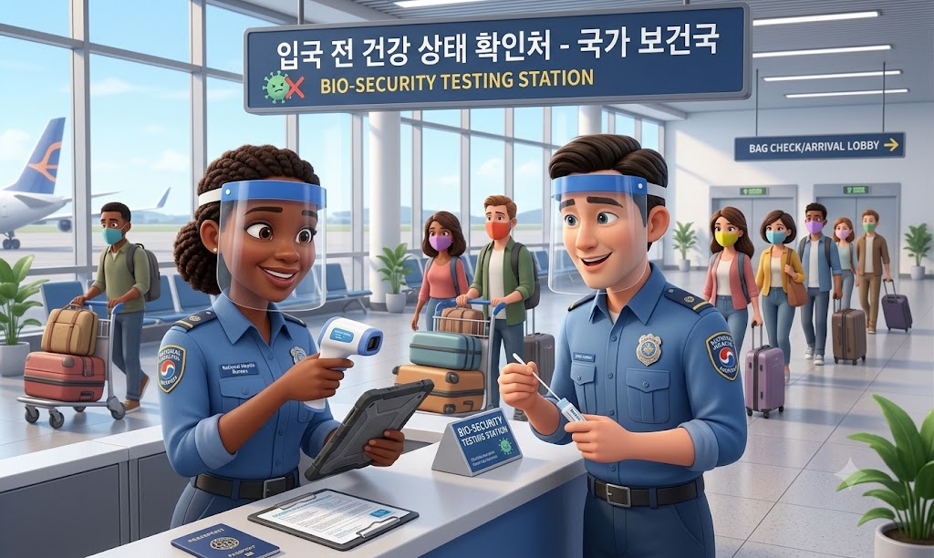 입국전 질병 상태를 체크하는 모습