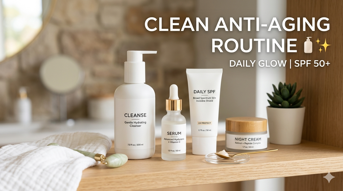 A clean skincare setup with sunscreen and cosmetics, minimal aesthetic anti-aging routine.