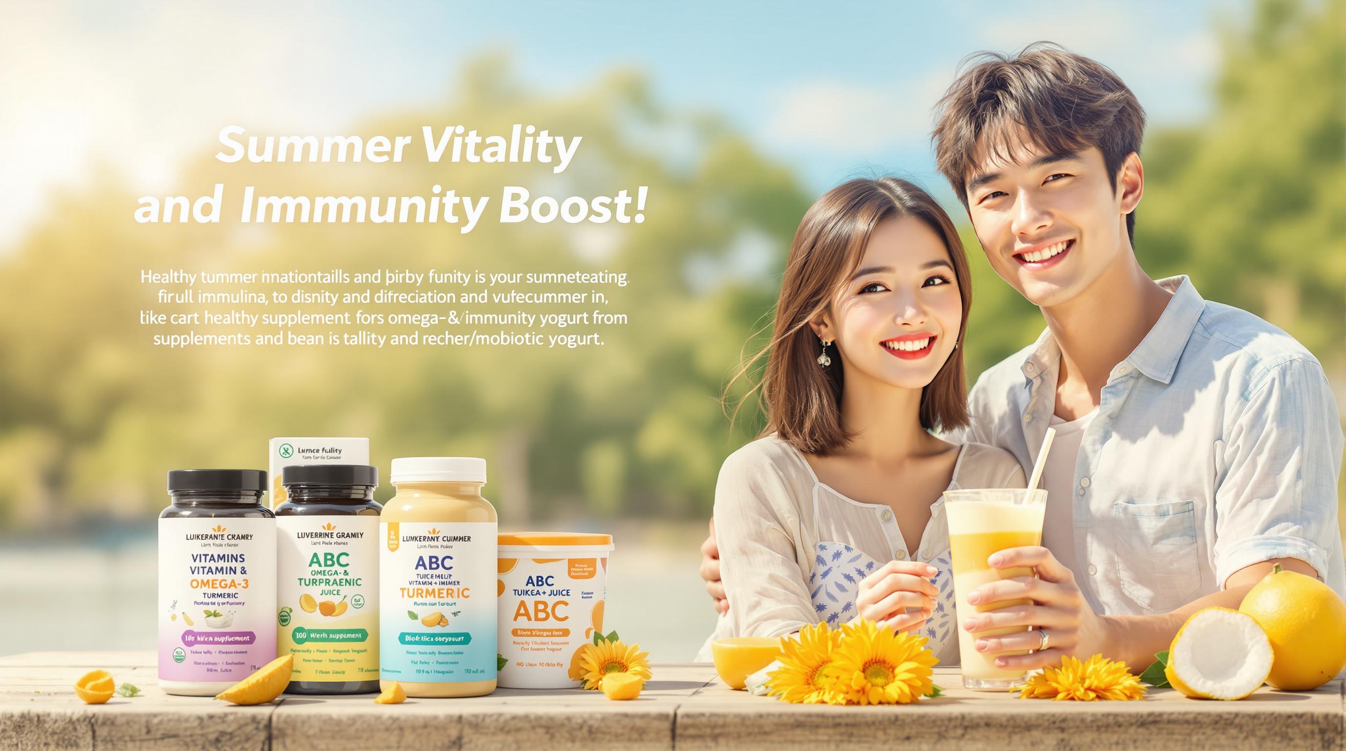 밝은 여름 햇살 아래, 신선한 건강보조식품(비타민 캡슐, 오메가3, 강황 등)이 정갈하게 놓여 있고, 옆에는 시원한 ABC 주스나 프로바이오틱스 요거트가 함께 있음. 배경에는 건강한 미소의 젊은 남녀가 산뜻한 여름 옷차림으로 서 있고, 상단에는 '여름 활력 &amp; 면역력 충전!'이라는 문구가 생기 있게 표현됨. 생동감 있는 색감과 건강한 느낌 강조.