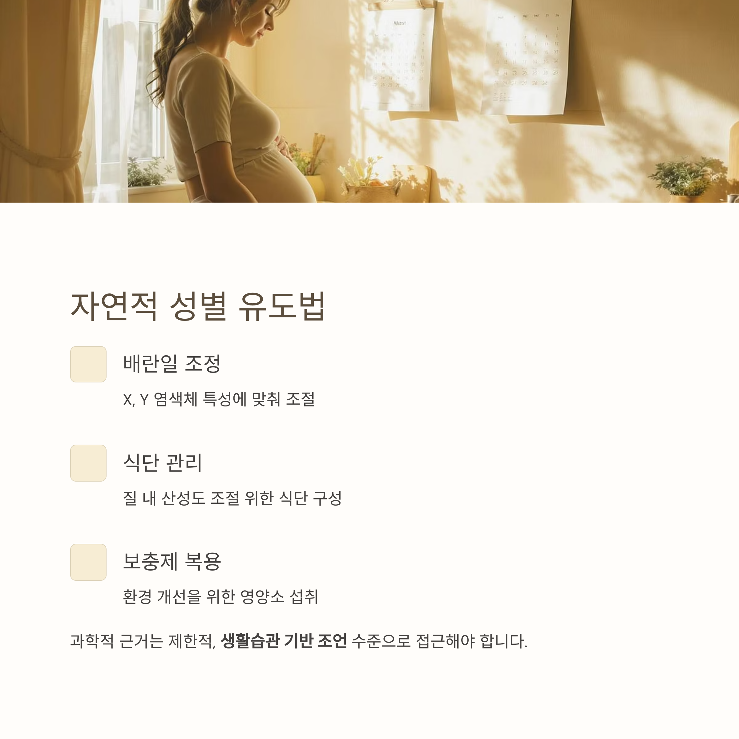 임산부가 달력을 바라보는 따뜻한 분위기의 이미지와 함께 배란일 조정, 식단 관리, 보충제 복용 등 자연적 성별 유도 방법을 설명한 인포그래픽