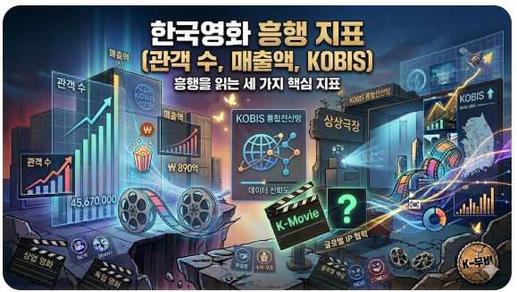 한국 영화 흥행 지표를 분석하는 인포그래픽형 썸네일입니다. 좌측은 관객 수와 매출액을 나타내는 상승 그래프와 통계 데이터를, 중앙은 KOBIS 통합전산망의 데이터 신뢰도를 시각화했습니다. 우측은 글로벌 IP 협력과 시장 분석 화면을 배치하여, 숫자 이면의 산업적 가치를 입체적으로 표현했습니다.