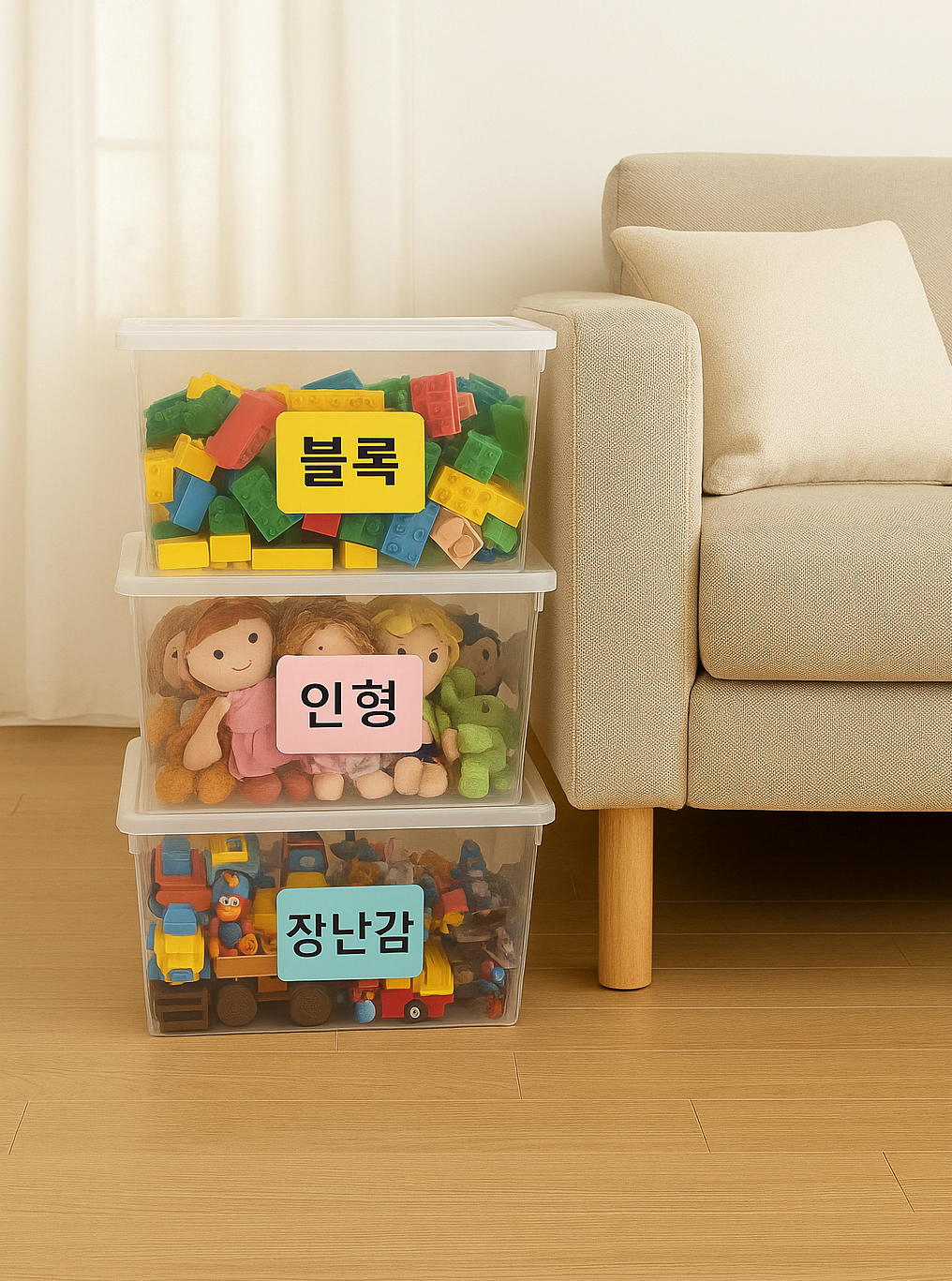 투명 수납함에 블록과 인형이 종류별로 정리되고 컬러 라벨이 붙어 있는 모습