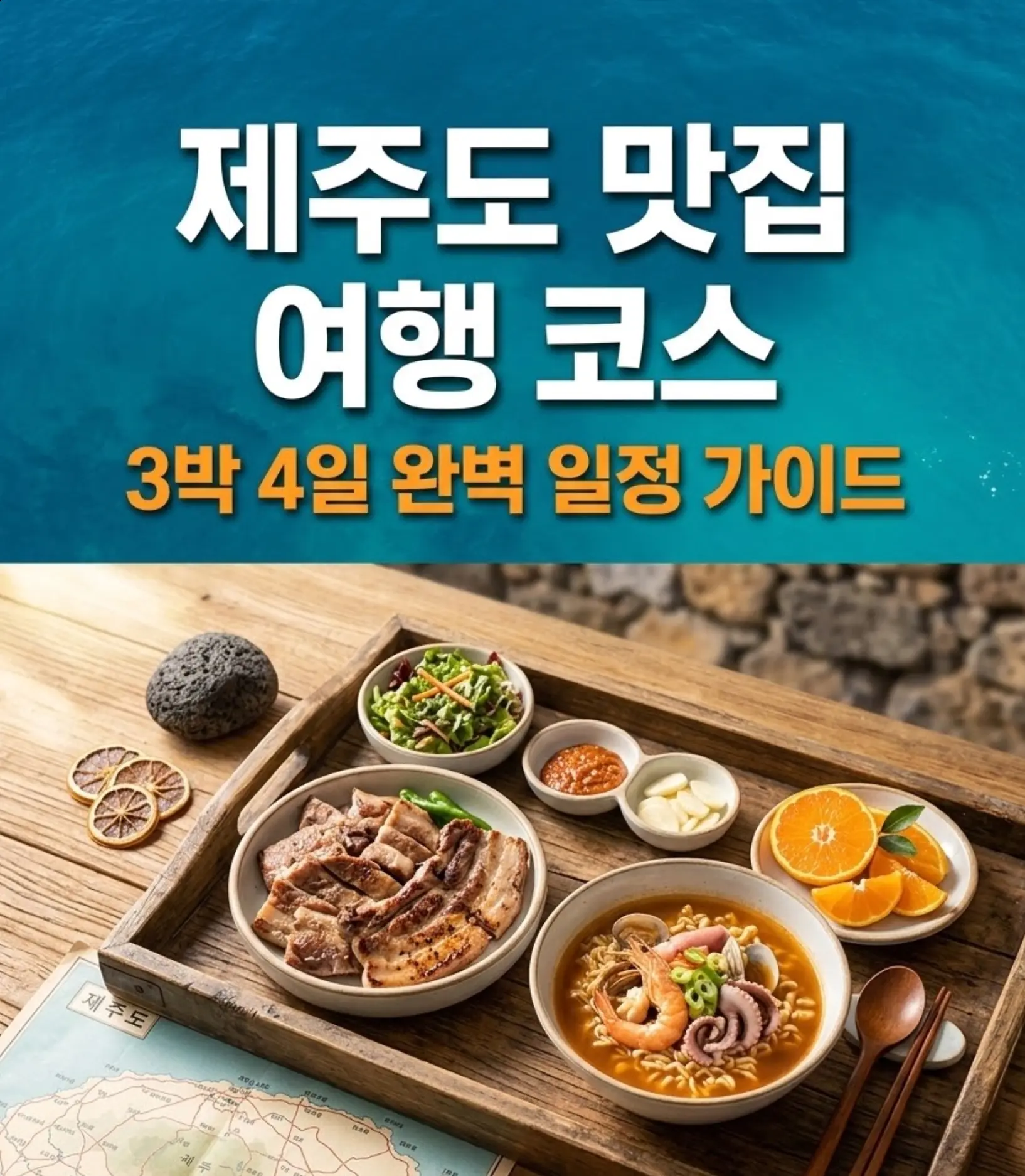 나무 트레이 위에 제주 흑돼지 구이, 한라봉 슬라이스, 해물라면이 담긴 그릇들이 놓여 있고 현무암 돌과 종이 지도 소품이 함께 스타일링된 여행 블로그 썸네일