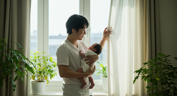 엄마가 아기를 햇빛 쬐게 하는 장면