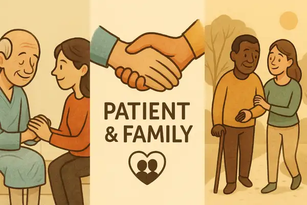 환자와 가족이 손을 맞잡고 격려하거나 함께 산책하며 대화하는 따뜻한 장면을 담은 일러스트 3컷 구성