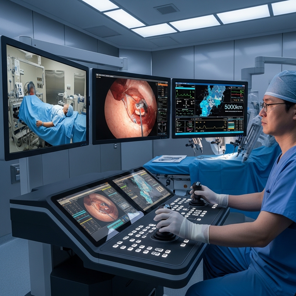 surgeon operates a robotic arm system remotely via a control console