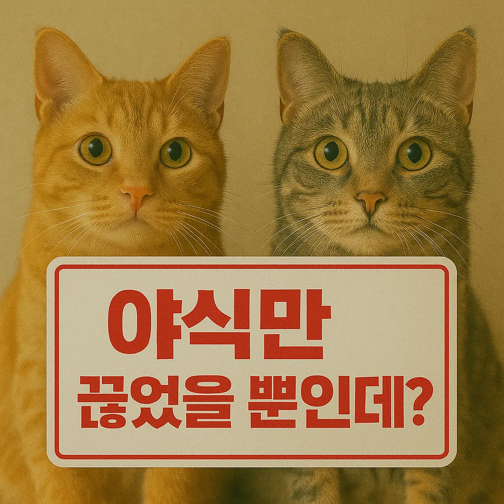&lsquo;야식만 끊었을 뿐인데?&rsquo; 문구가 적힌 스케치북을 들고 있는 두 마리 고양이
