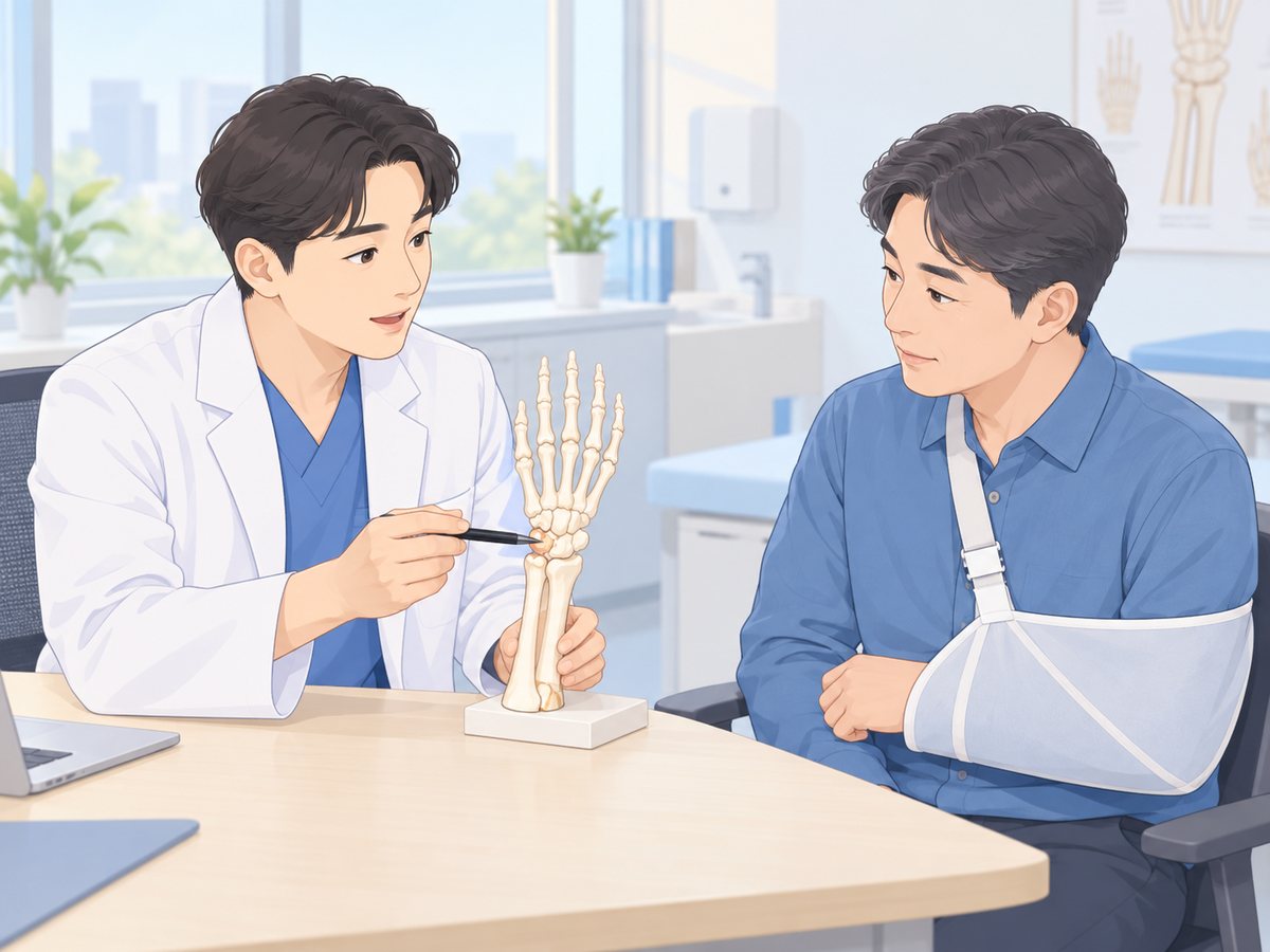 의사가 손과 손목뼈 모형을 펜으로 가리키며 팔걸이를 한 남성 환자에게 설명하는 장면