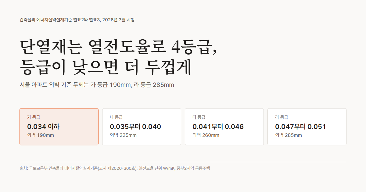단열재 등급 요약, 가 등급 열전도율 0.034 이하, 나 0.035에서 0.040, 다 0.041에서 0.046, 라 0.047에서 0.051, 서울 공동주택 외벽 기준 두께 가 190mm 라 285mm