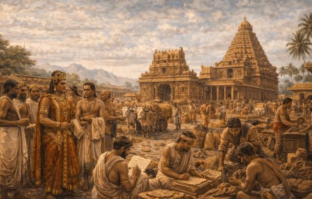 왕, 브라만 사제, 농민과 장인들이 모여 토지 관리와 경제 활동을 수행하는 장면