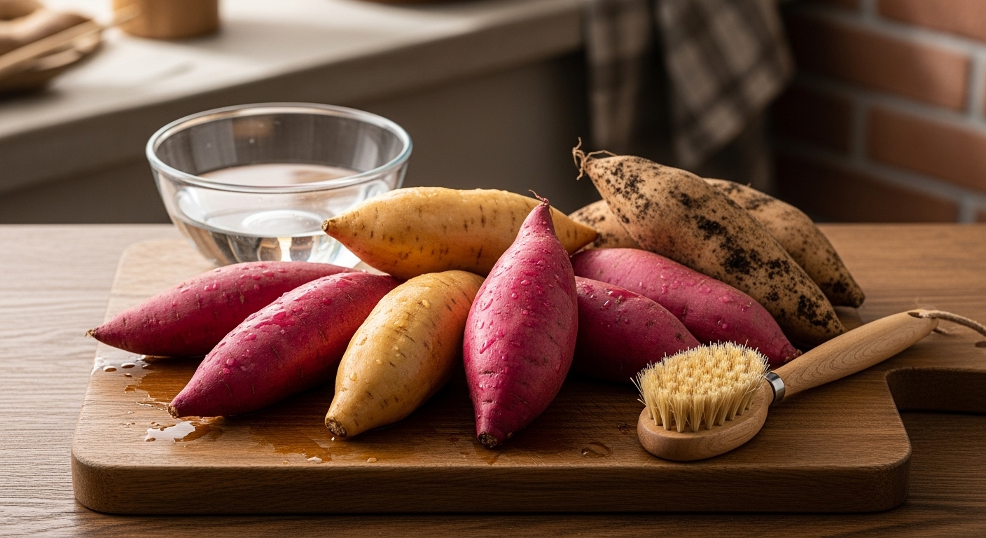 다양한 종류의 고구마가 나무 도마 위에 놓여 있는 모습, 세척 전후 고구마와 세척 도구.