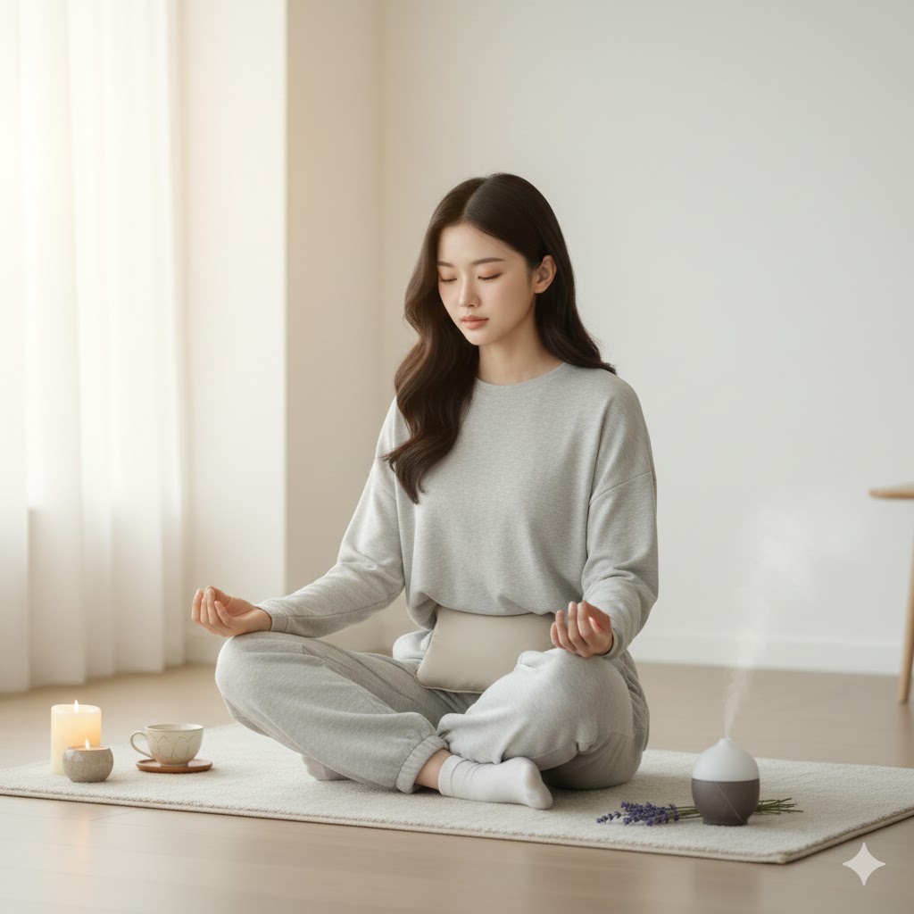 생리통 완화를 위해 명상을 하는 모습