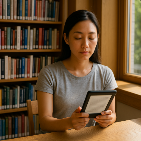 공공도서관에서 전사책을 읽고 있는 여성의 모습입니다.