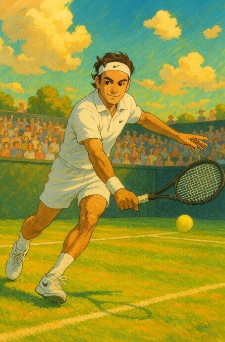 2025 윔블던 잔디 코트에서 로저 페더러가 스트로크 하는 그림