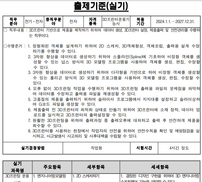 3d프린터운용기능사 출제기준