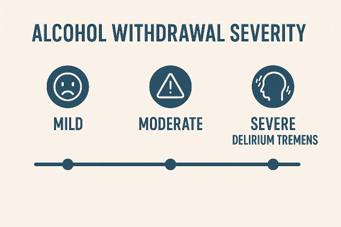 알코올 금단 증상의 심각도 단계별 도식 &ndash; 경증, 중등도, 섬망성 중증(Delirium Tremens)을 아이콘으로 구분한 인포그래픽