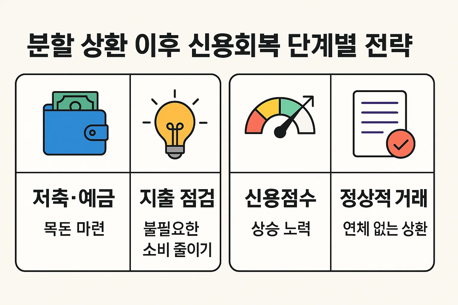 분할상환 이후 저축&middot;예금 목표 설정, 지출 점검, 신용점수 상승 노력, 정상적 거래 유지 등 장기 신용회복 전략을 정리한 2025년 최신 인포그래픽