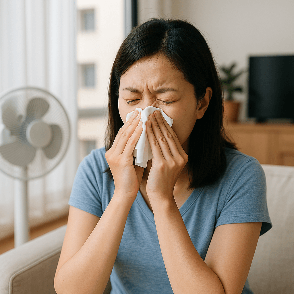 선풍기 바람을 맞으며 콧물을 흘리는 젊은 여성
