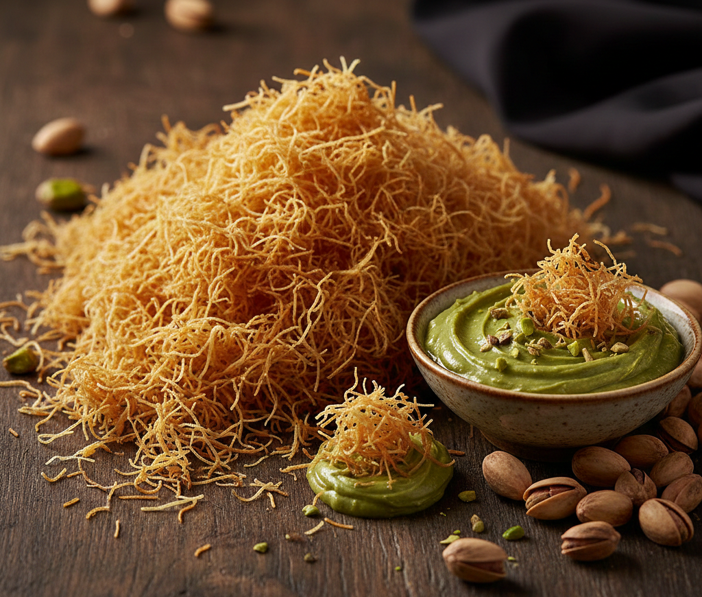 나무 테이블 위에 쌓여 있는 바삭하고 얇은 황금빛 카다이프 면과 그 옆에 놓인 진한 초록색 피스타치오 스프레드 및 피스타치오 견과류의 모습