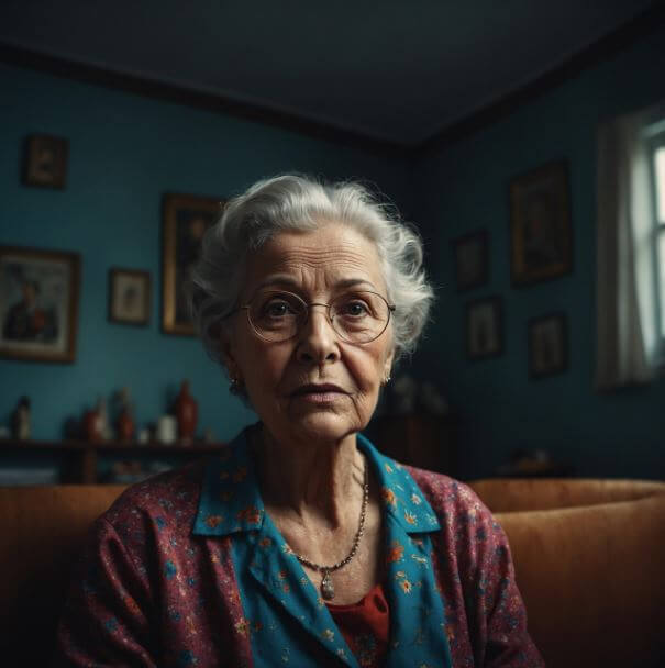쇼파에 앉아 정면을 바라보고 있는 할머니