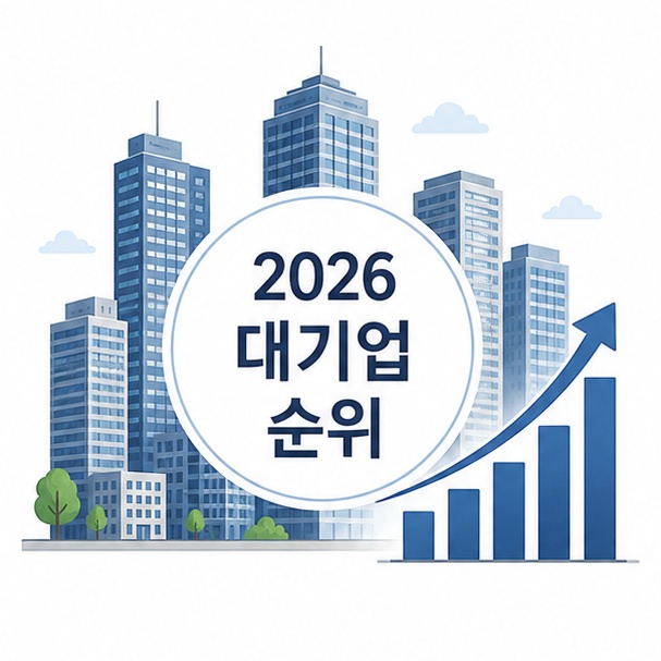 여러 대기업집단과 자산 규모 그래프를 이용해 2026년 국내 대기업 순위를 소개하는 그림