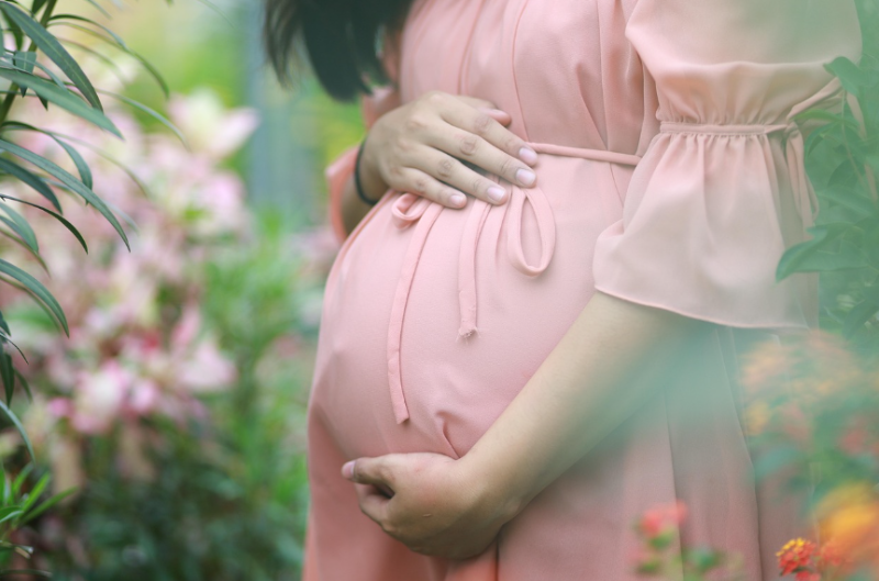 분홍색 원피스를 입고 배를 감싸 안고 있는 임산부의 모습, 배경에는 꽃과 식물이 있음