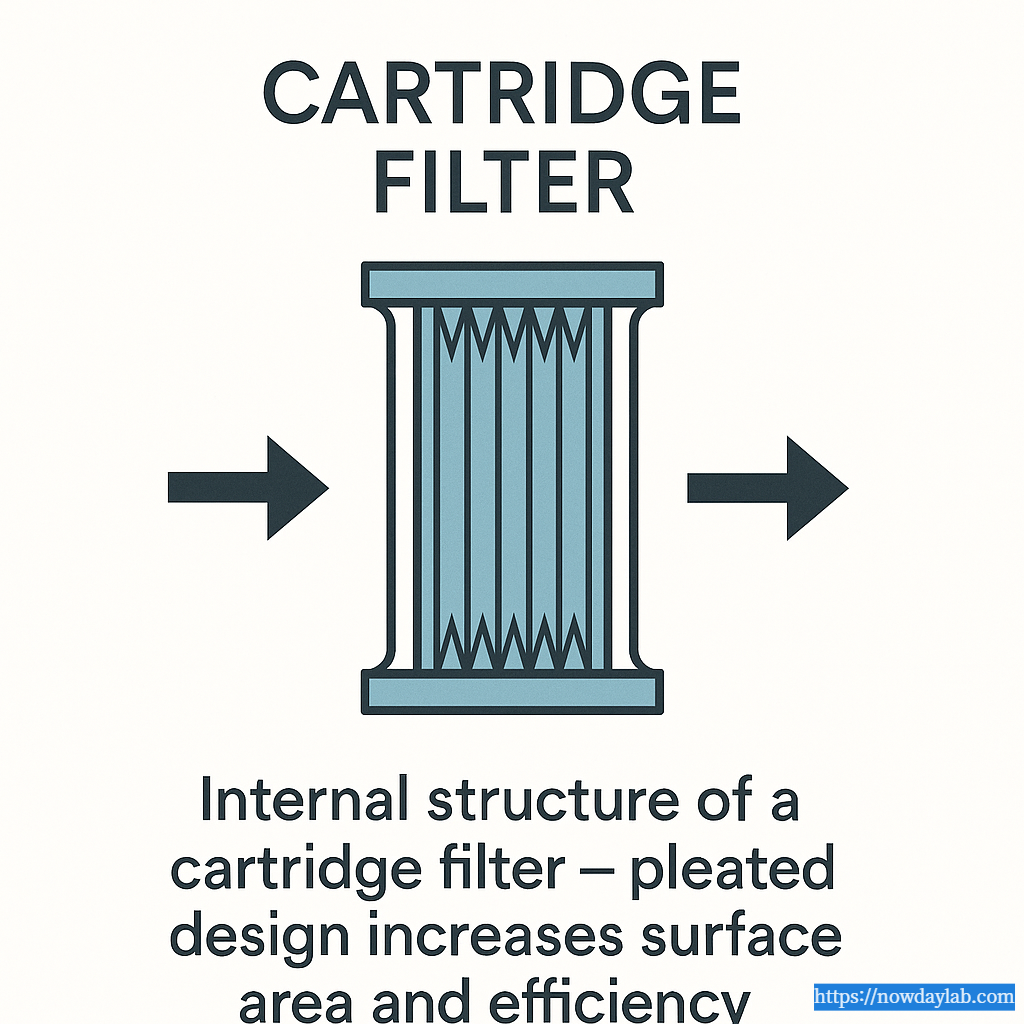 Cross-sectional diagram of a cartridge filter showing pleated media and flow direction.