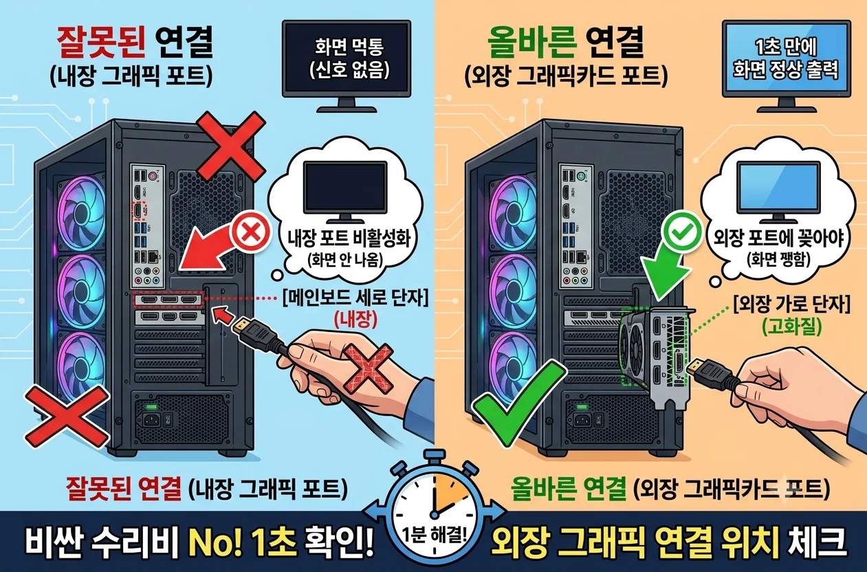 컴퓨터 본체 뒷면 내장 그래픽 단자 잘못된 연결과 외장 그래픽카드 HDMI DP 포트 연결 비교 화면