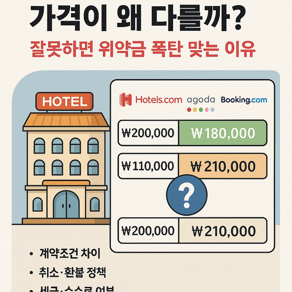 호텔 예약 사이트마다 가격이 왜 다를까? 대표 인포그래픽: 같은 호텔, 다른 가격, 위약금 주의