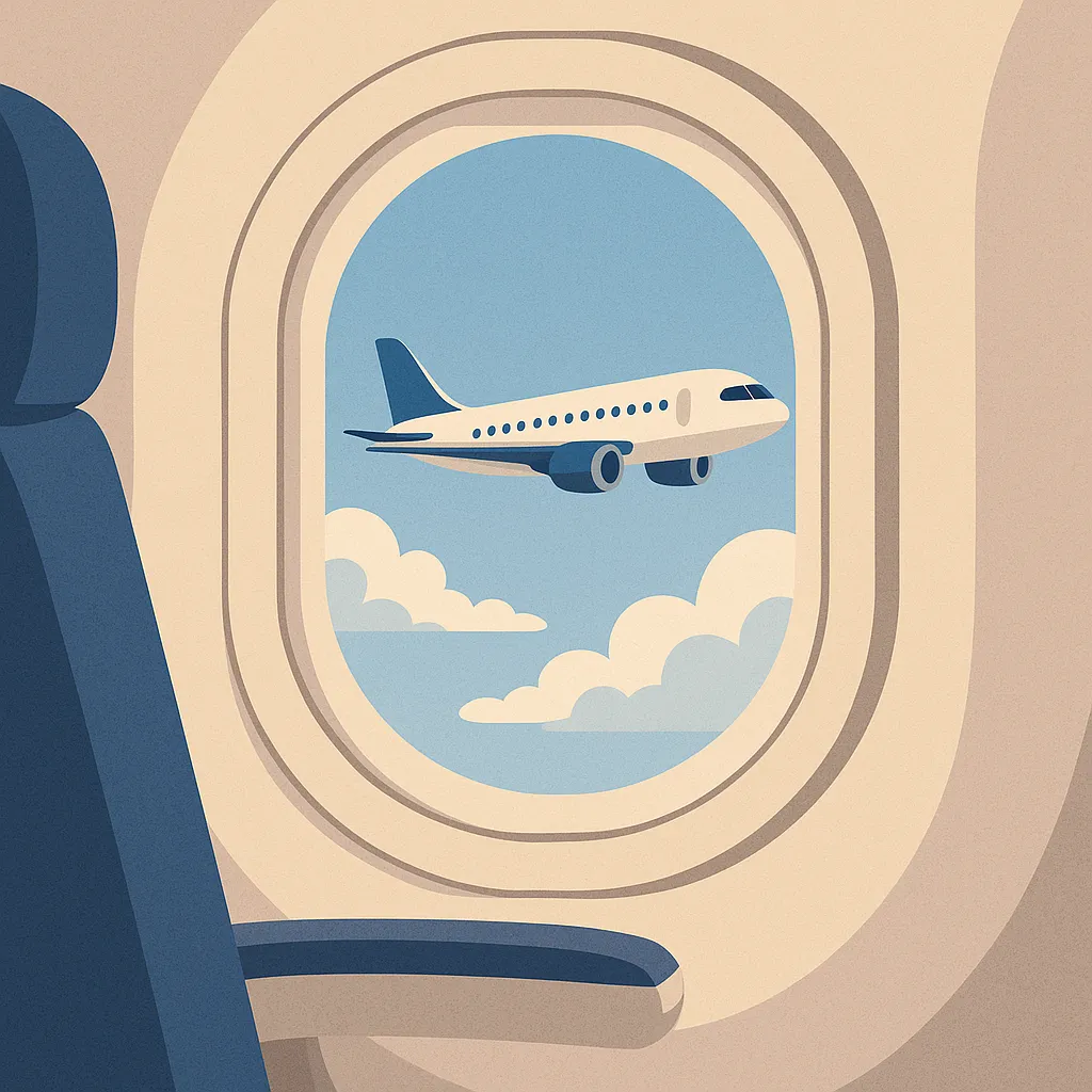 비행기-창문이-둥근-이유를-표현한-일러스트로,-비행기-좌석에서-둥근-창문을-통해-다른-비행기가-보이는-모습이-그려져,-공기압과-안전성-측면에서의-설계-이유를-상징함.