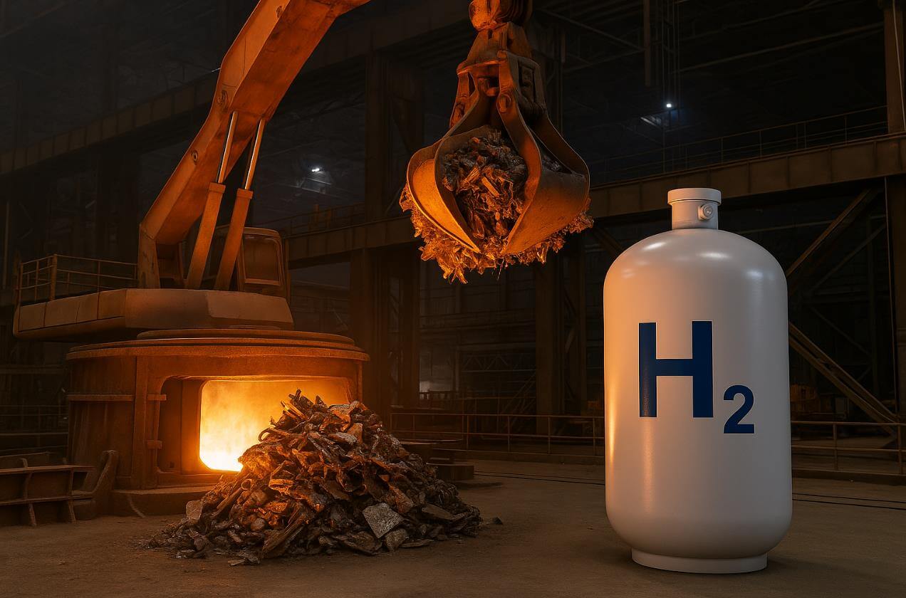 제철소 용광로 앞에서 수소(H2) 탱크와 고철 투입 장면.