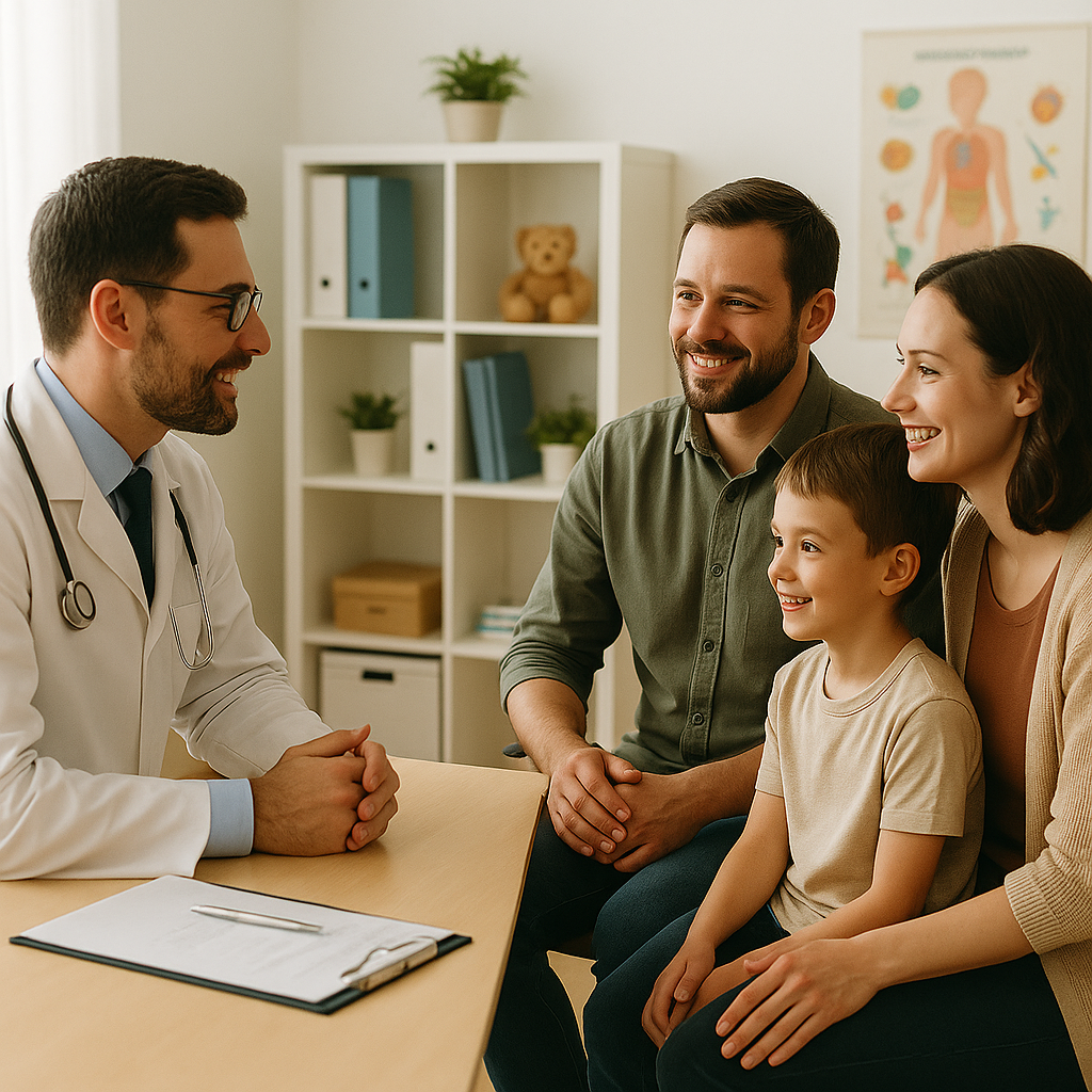 엄마 아빠 아이가 진료실에서 의사선생님과 상담을 나누고 있는 사진