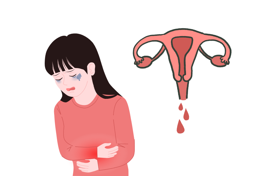 자궁이아픈여성과 자궁이미지