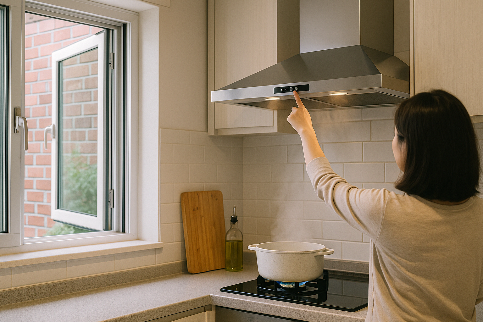 창문을 마주 열어 대각선 환기하고 레인지후드 강풍을 사용하는 모습