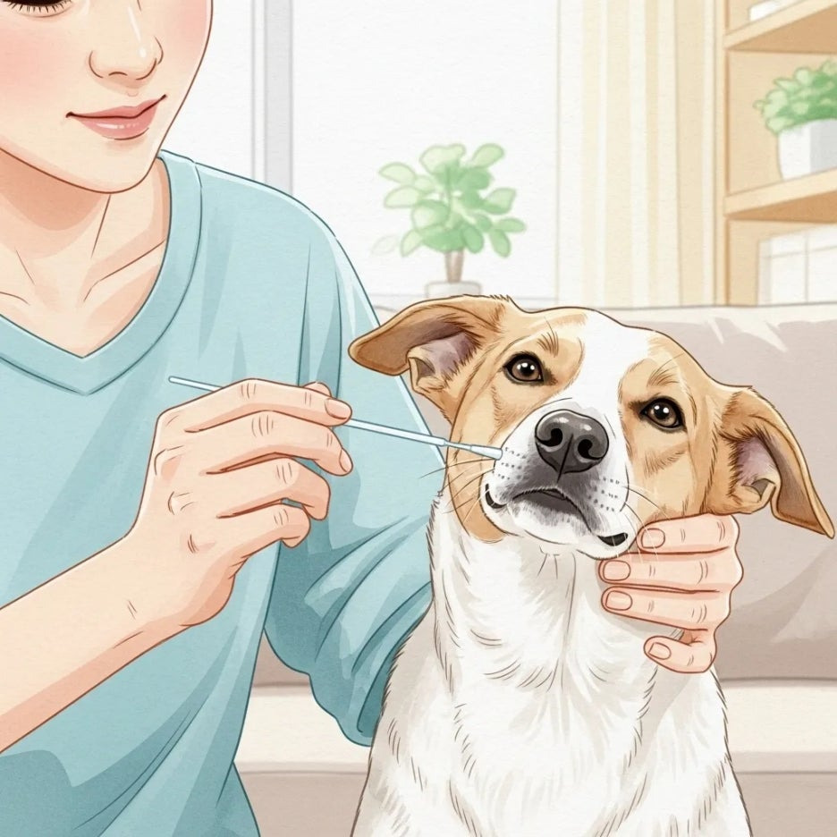 보호자가 강아지에게서 유전자 샘플을 채취하는 장면