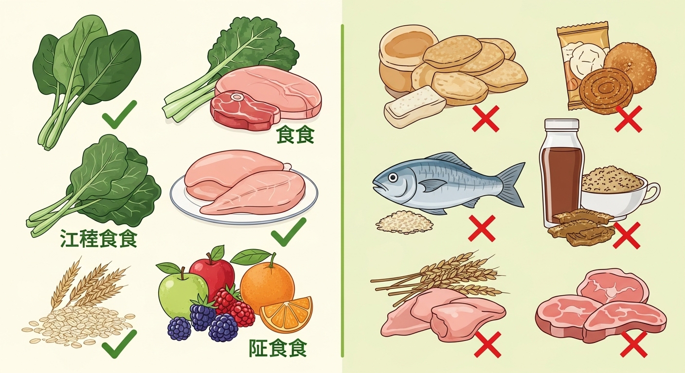 체질에 맞는 음식과 금기 음식을 보여주는 일러스트, 건강한 식단 관리를 시각적으로 표현.