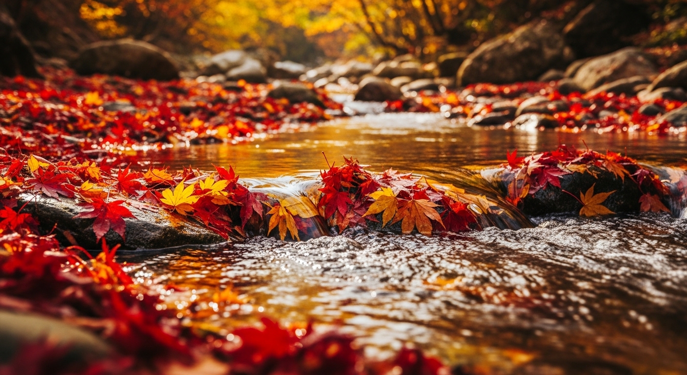 2025년 가을, 지리산 피아골 계곡의 맑은 물과 붉은 단풍잎.