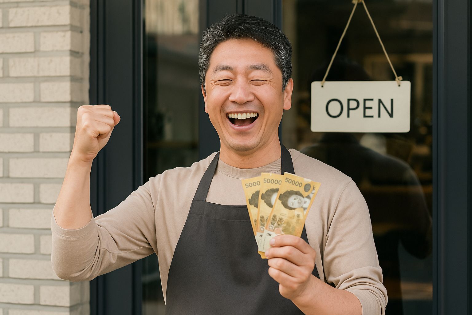 지원금을 받고 환하게 웃는 소상공인 남성