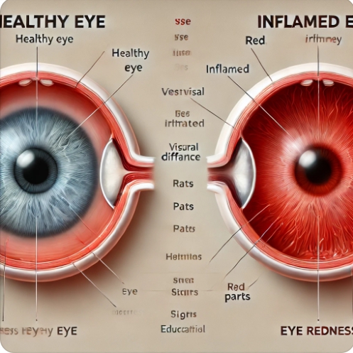 정상 눈 vs. 충혈된 눈 비교 다이어그램 