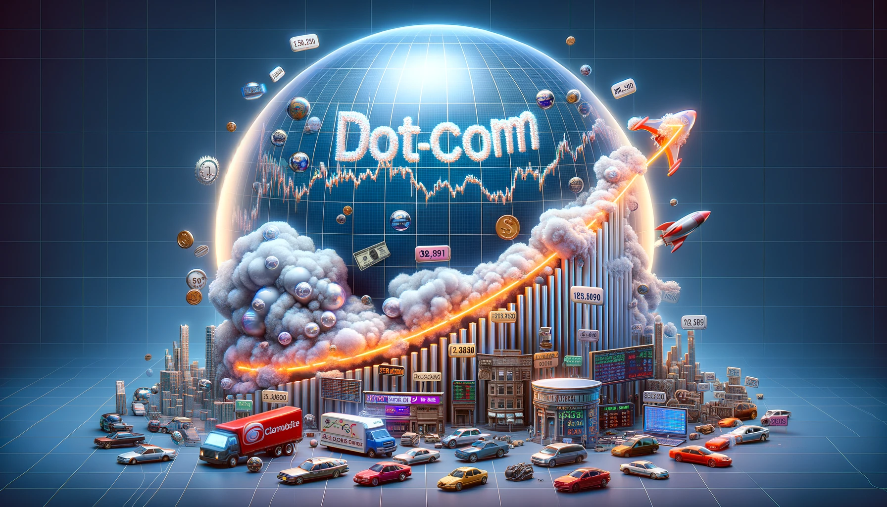 This image illustrates the timeline&#44; including the rapid growth of internet companies in the late 1990s&#44; the peak of the bubble&#44; and the subsequent market crash.