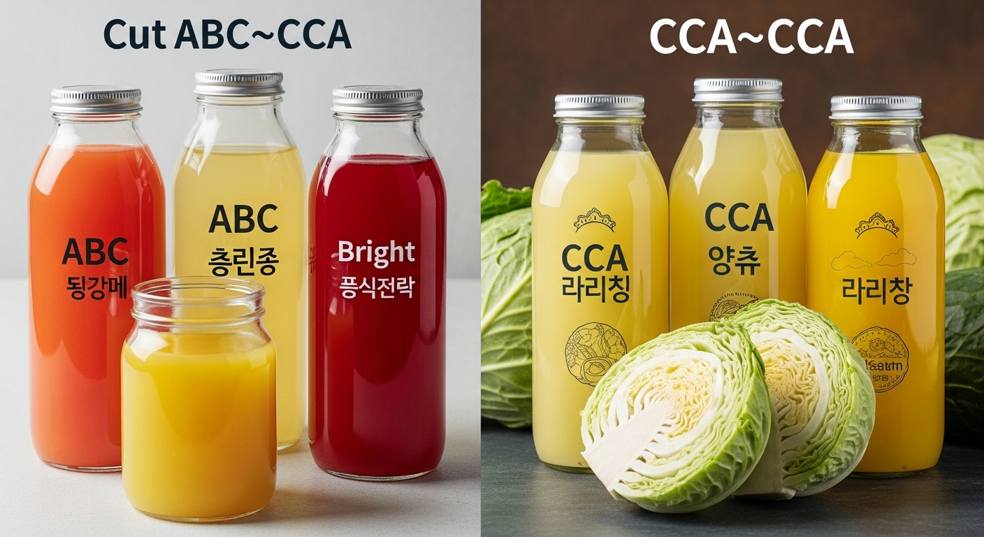 ABC 주스와 CCA 주스를 나란히 비교한 컷