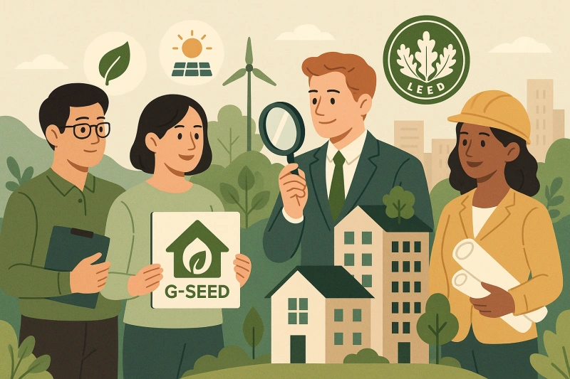 g-seed, leed 친환경 건축 인증제도를 표현한 일러스트