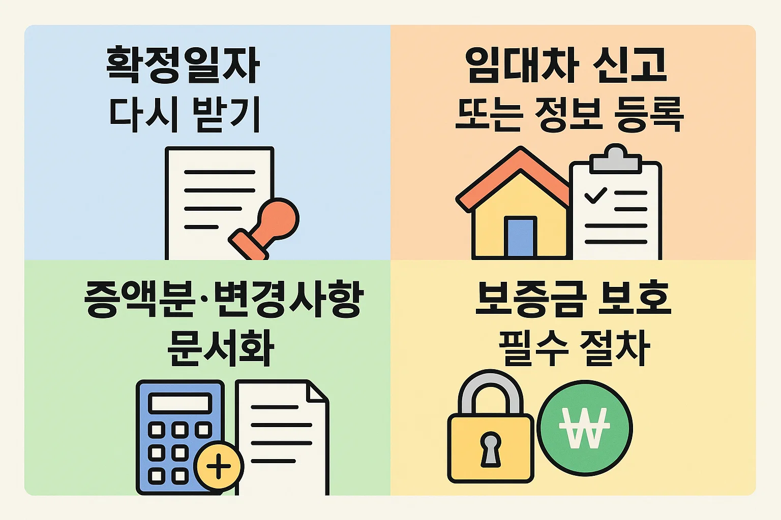 전세 계약 연장 후 확정일자 재신청, 임대차 신고, 보증금 보호 등 세입자의 권리를 지키기 위한 핵심 절차를 정리한 실전형 인포그래픽.