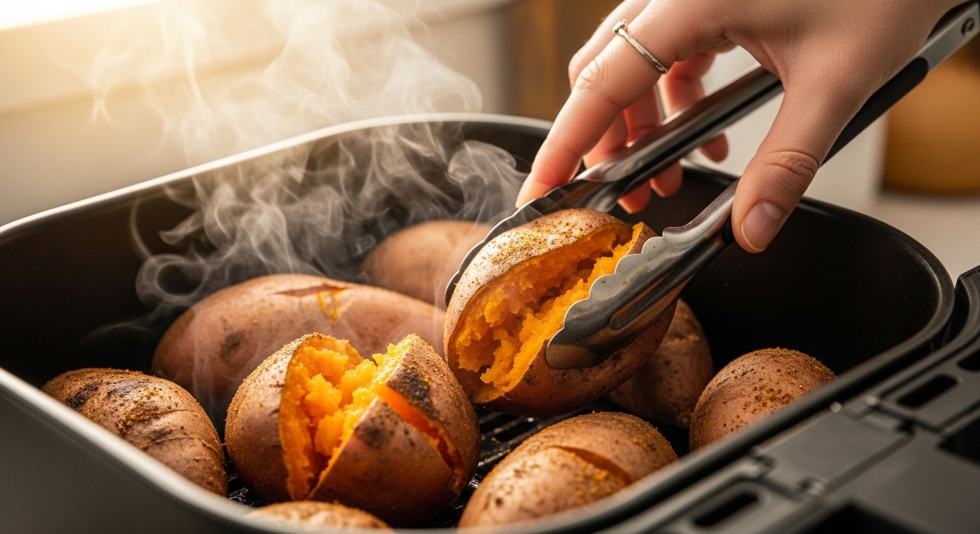 에어프라이어에서 갓 구워져 뜨거운 김을 내뿜는 먹음직스러운 군고구마.