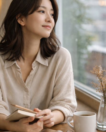 설명하지 않아도 괜찮아진 여성이 책을 들고 창밖을 보는 모습